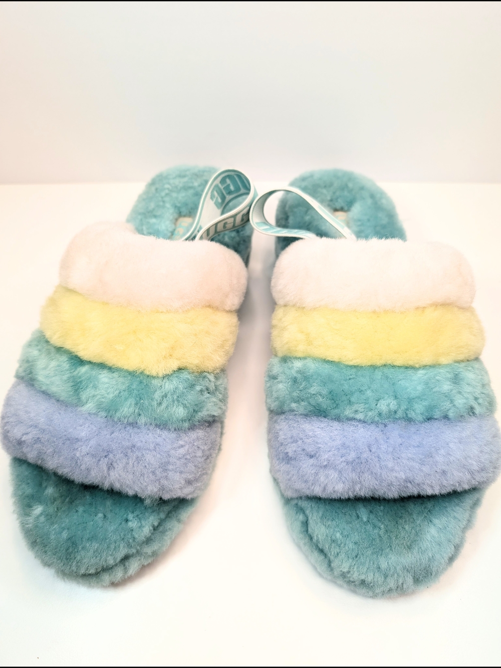 UGG Fluff Yeah Slide Teal/Yellow Lamb Fur  Women's US Size 8